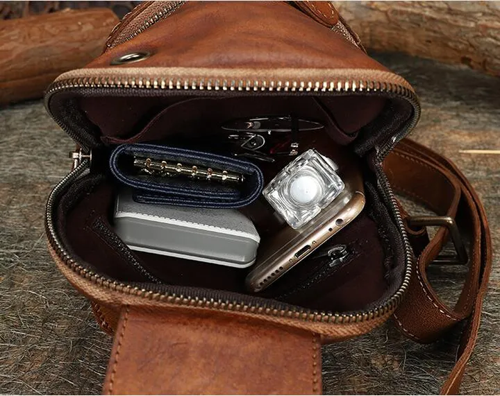 Womens Leather Chest Sling Bag With Headphone Cable Hole Sling Pack For Women