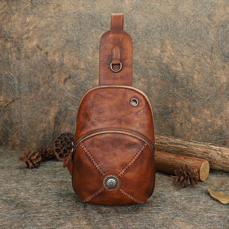 Womens Leather Chest Sling Bag With Headphone Cable Hole Sling Pack For Women