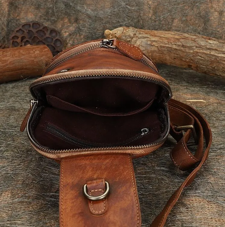 Womens Leather Chest Sling Bag With Headphone Cable Hole Sling Pack For Women