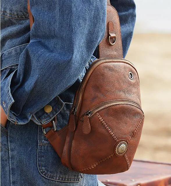 Womens Leather Chest Sling Bag With Headphone Cable Hole Sling Pack For Women