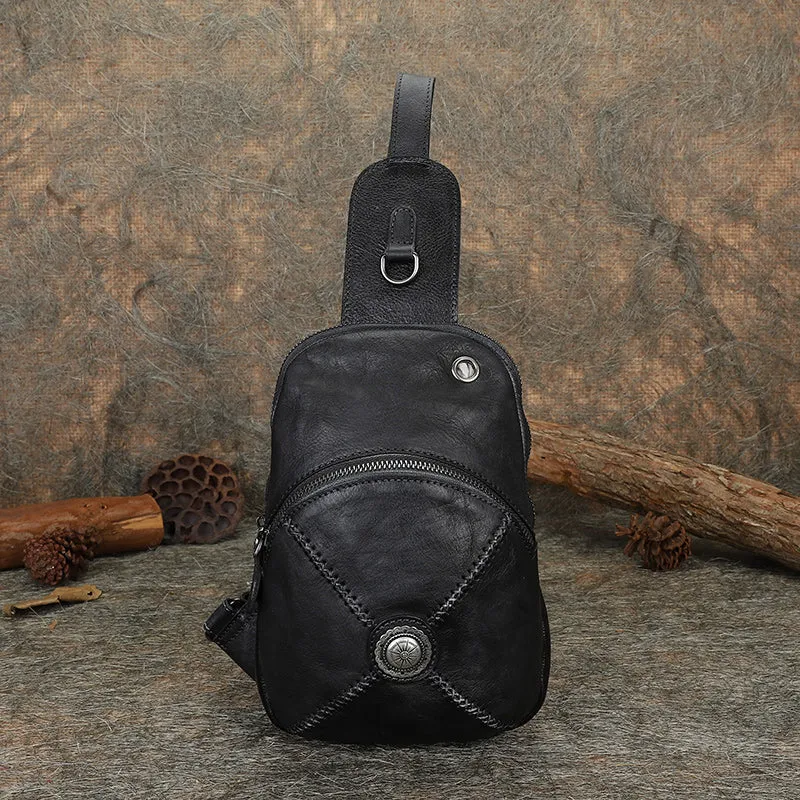 Womens Leather Chest Sling Bag With Headphone Cable Hole Sling Pack For Women