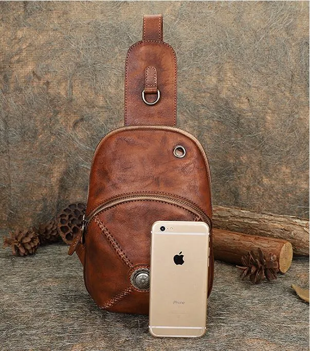 Womens Leather Chest Sling Bag With Headphone Cable Hole Sling Pack For Women