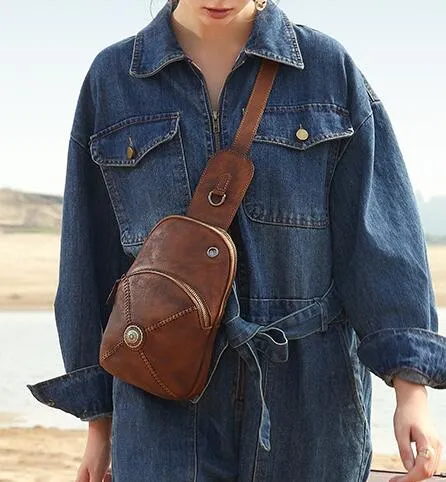 Womens Leather Chest Sling Bag With Headphone Cable Hole Sling Pack For Women