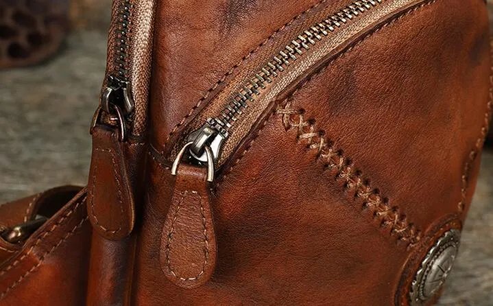 Womens Leather Chest Sling Bag With Headphone Cable Hole Sling Pack For Women