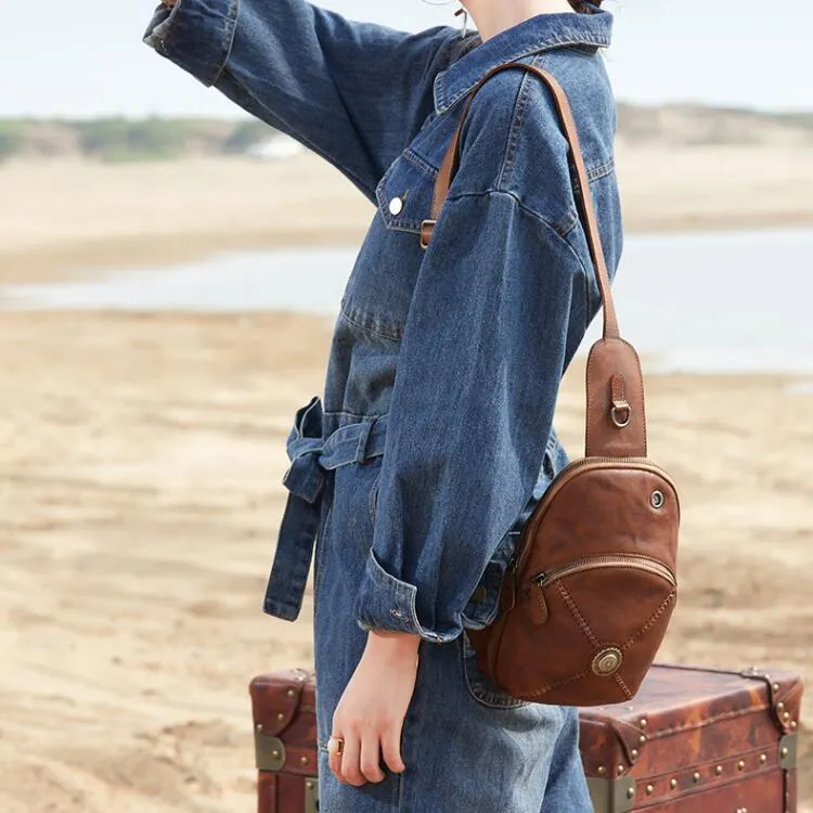 Womens Leather Chest Sling Bag With Headphone Cable Hole Sling Pack For Women