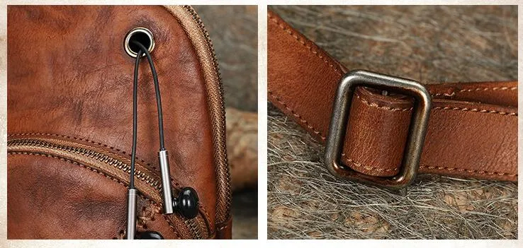 Womens Leather Chest Sling Bag With Headphone Cable Hole Sling Pack For Women
