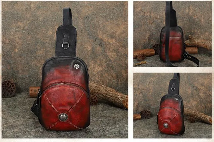 Womens Leather Chest Sling Bag With Headphone Cable Hole Sling Pack For Women