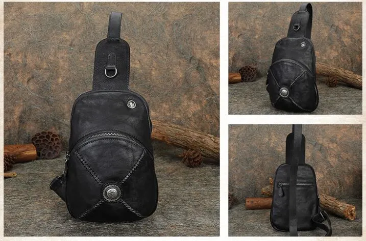 Womens Leather Chest Sling Bag With Headphone Cable Hole Sling Pack For Women