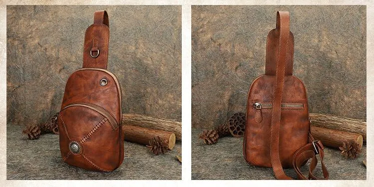 Womens Leather Chest Sling Bag With Headphone Cable Hole Sling Pack For Women