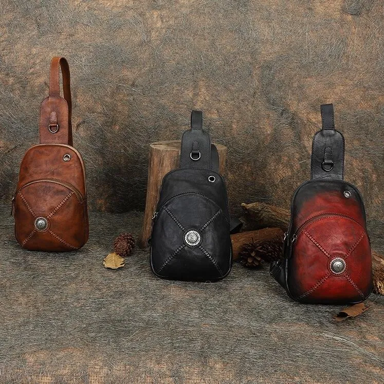 Womens Leather Chest Sling Bag With Headphone Cable Hole Sling Pack For Women